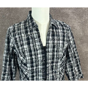 Christopher Banks Shirt Womens XL Black Textured Plaid Full Zip Collared Blouse